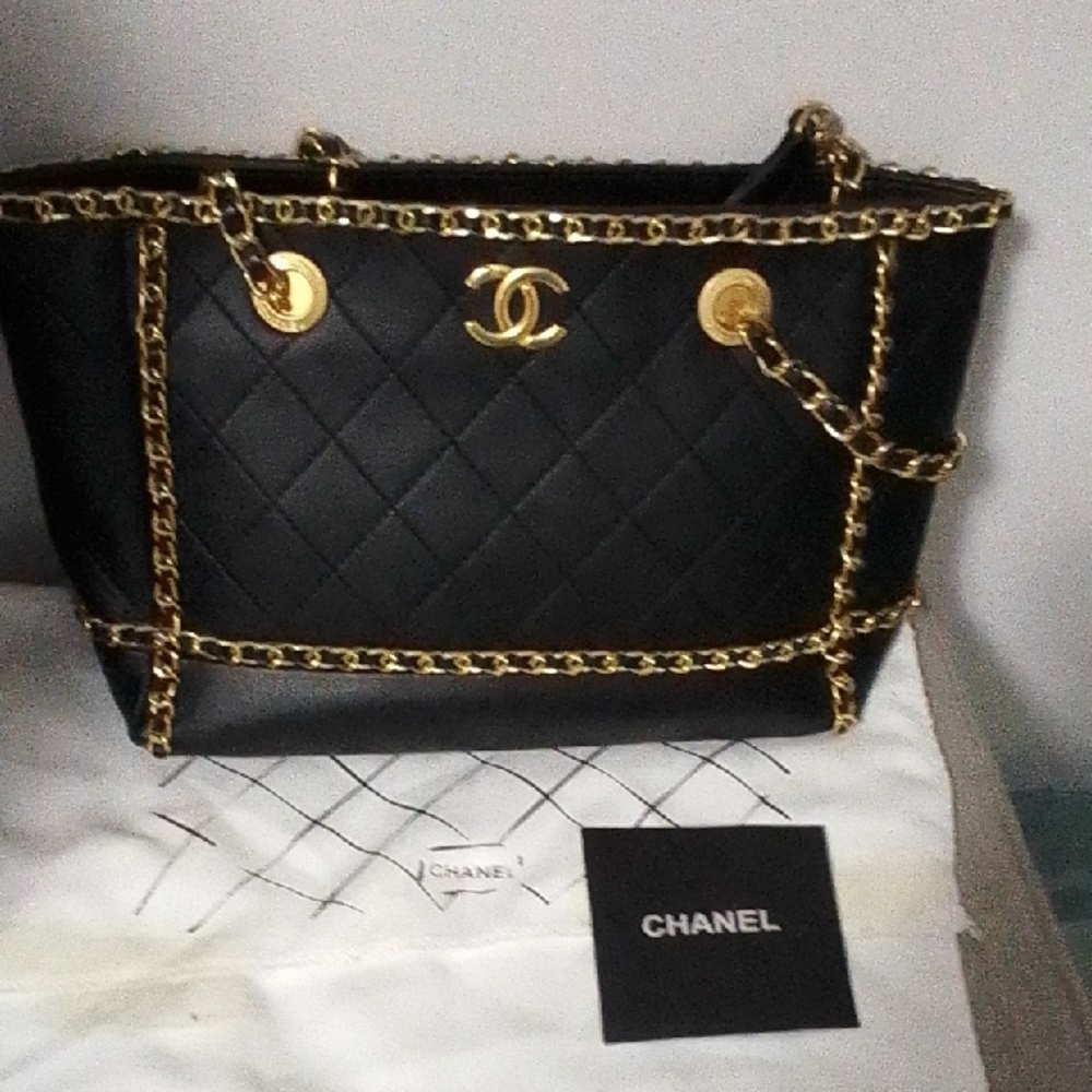 CHANEL Black Quilted Tote with Gold Chain
